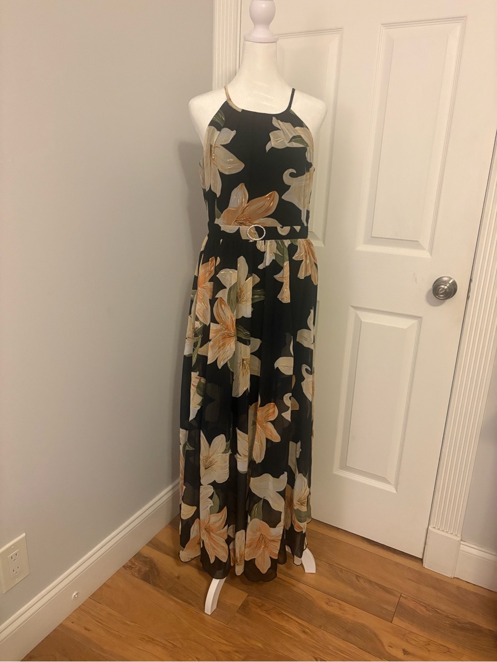Black Floral Halter Maxi Dress with Belted Waist